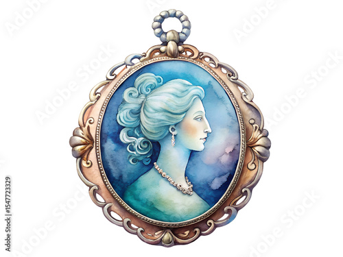 Watercolor Portrait of Elegant Woman in Antique Silver and Gold Pendant