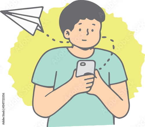 Young Man with Smartphone, Digital Communication, Paper Plane, Flat Cartoon Vector Technology Theme