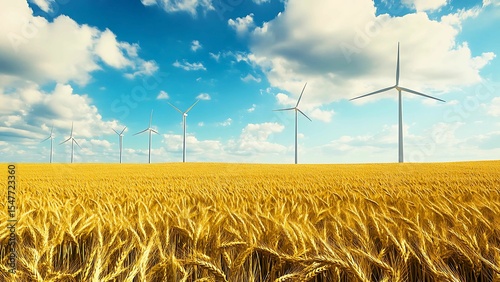 Golden Wheat Fields with Wind Turbines Under Cloudy Sky – Sustainable Energy and Agriculture Landscape