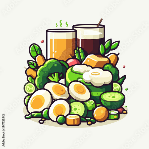 Vibrant graphic design showcasing a collection of fresh fruits and vegetables, along with refreshing drinks, in a colorful, cartoonish style.