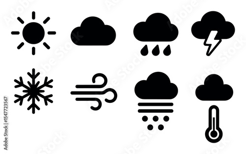 Weather silhouette icon set. essential climate symbols in silhouette style