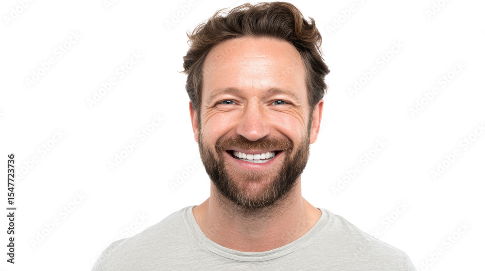 Obraz premium Smiling man with a beard wearing a casual gray shirt against a white isolate background.