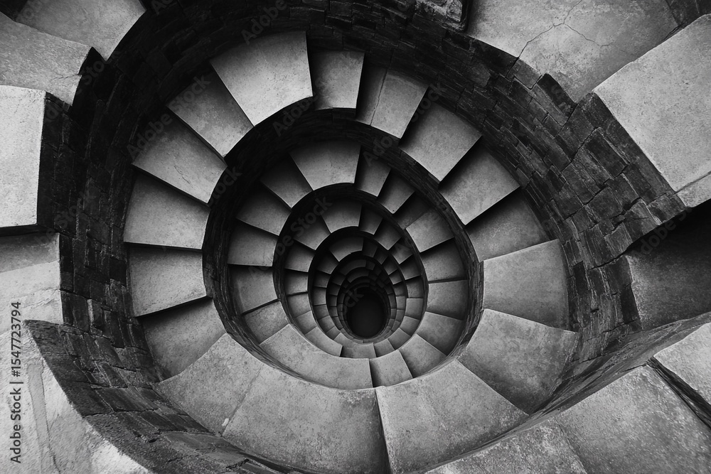 Fototapeta premium Endless spiral staircase viewed from above, showcasing a mesmerizing architectural design in a historic building