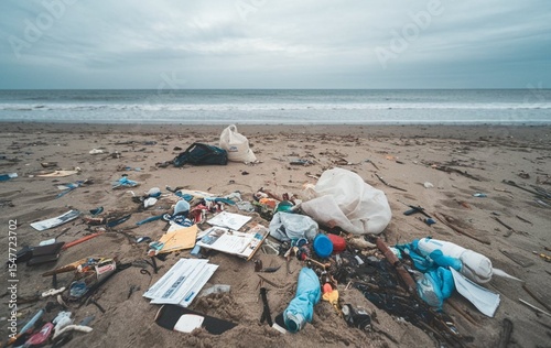 A view of a polluted beach, Garbage on the beach