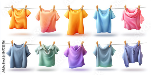 Twelve Colorful Tshirts and a Sweatshirt Hanging on a Clothesline Wooden Pegs Drying in the Sun Bright Hues Summer Apparel