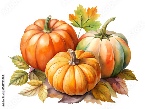 Watercolor Pumpkins and Autumn Leaves on Transparent Background
