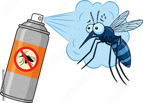 Vector illustration of an insect repellent spray can emitting blue mist toward a startled mosquito on a white background. The can features a no-mosquito symbol and is angled left to right.