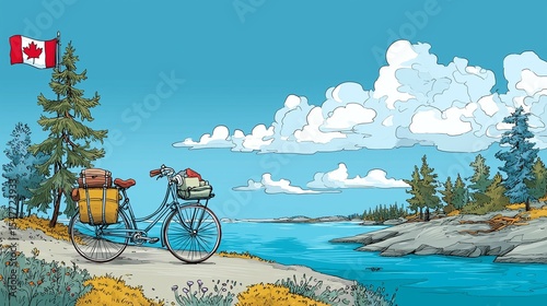 Bicycle adventure by Canadian lake illustration
