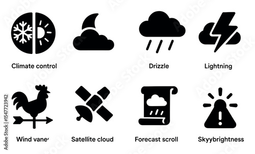 Weather conditions solid icon set. climate, forecast, and meteorology symbols.