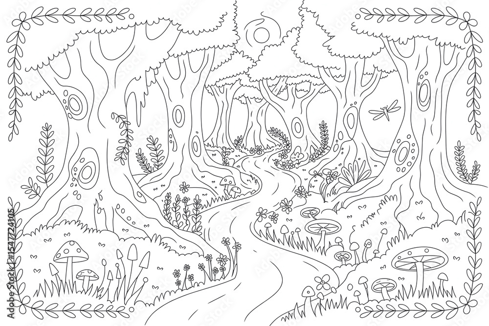 Naklejka premium Whimsical forest path winding through trees and plants. 