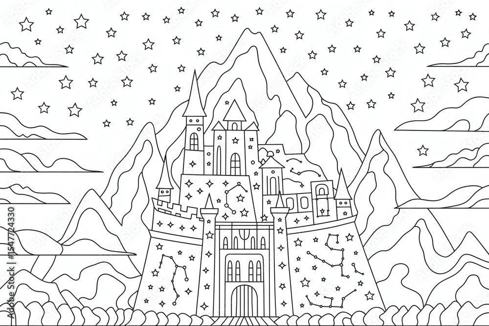 Fototapeta premium Majestic castle nestled in a mountain range, under a starry sky. 