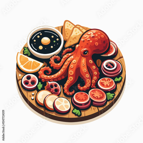 Vibrant illustration of an octopus on a round wooden platter with various vegetables and a dipping sauce, showcasing a culinary presentation.