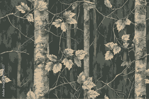 A camouflage pattern with brown and green leaves on the branches, green tree trunks, and a dark gray background.Vector Illustration, Fit for military and outdoor activities.