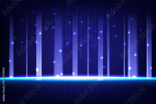 Digital background with glowing vertical lines, binary code and futuristic grid floor, ideal for technology and data themes