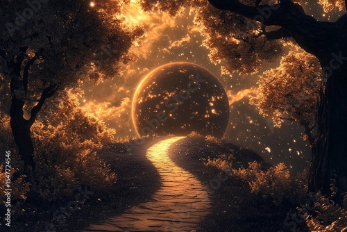 Magical road leads through a cosmic landscape toward distant planets in a starry night sky