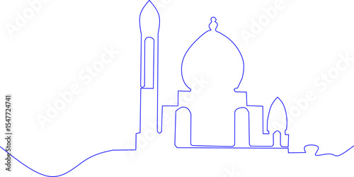 Minimalist one-line drawing of an Islamic mosque with dome and minarets. Ideal for religious, cultural, Ramadan, Eid, or Islamic architecture-themed design projects.