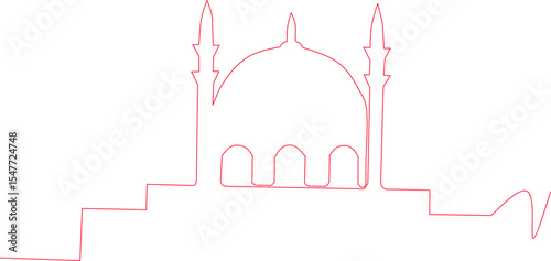 Minimalist one-line drawing of an Islamic mosque with dome and minarets. Ideal for religious, cultural, Ramadan, Eid, or Islamic architecture-themed design projects.