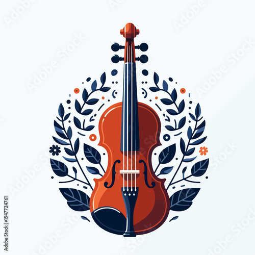 Vibrant, stylized illustration of a violin encircled by decorative floral and leaf patterns, presented on a plain white backdrop.