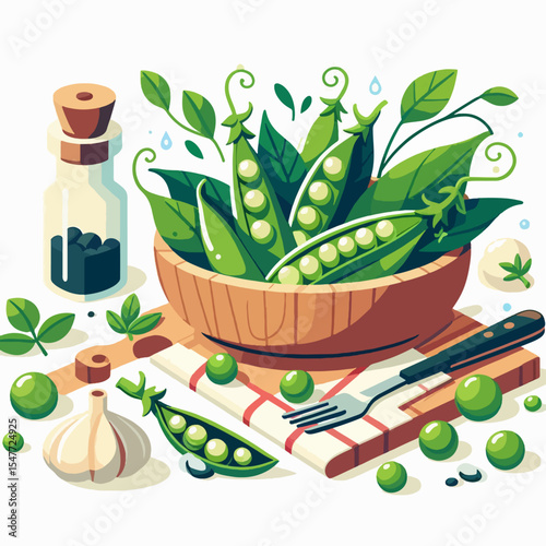Colorful flat lay illustration of green peas in a wooden bowl, accompanied by culinary elements, such as garlic, spices, and kitchen utensils.