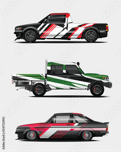 Three Custom Designed Vehicles with Unique Color Schemes and Graphics