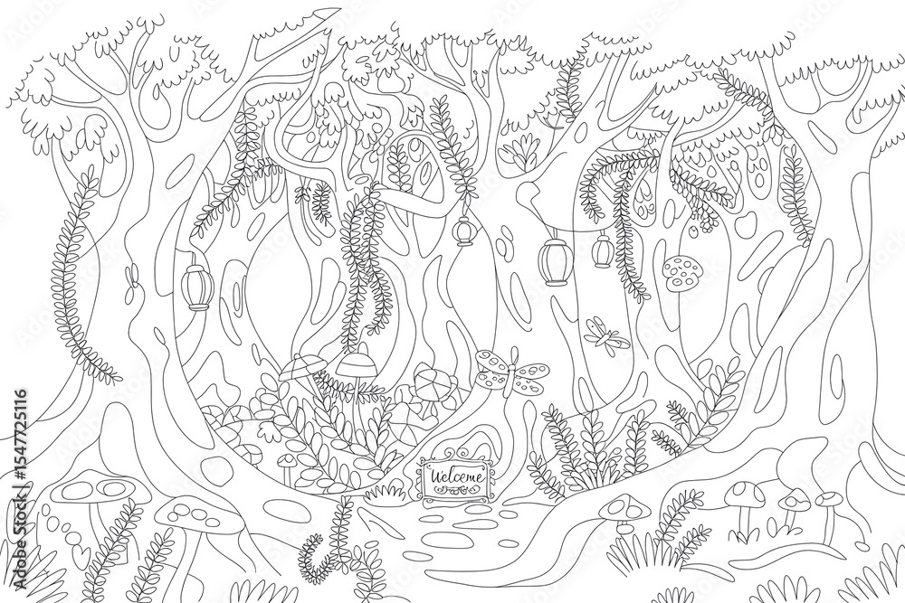 Fototapeta premium Intricate forest scene, detailed trees and vines. Dark, whimsical, detailed. 