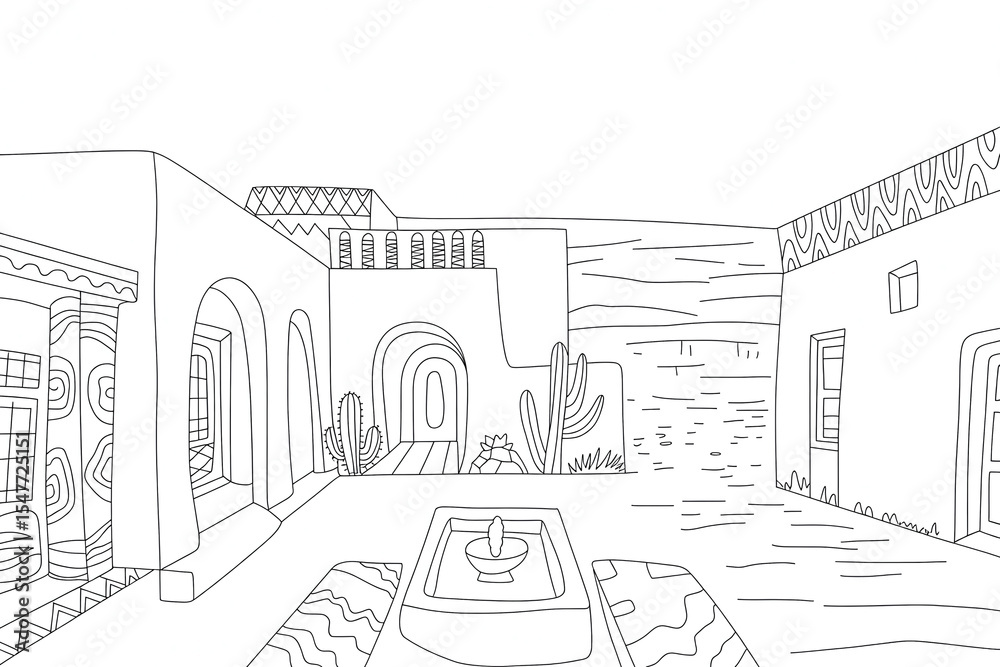 Fototapeta premium A courtyard scene, desert-style architecture, tranquil and detailed. 