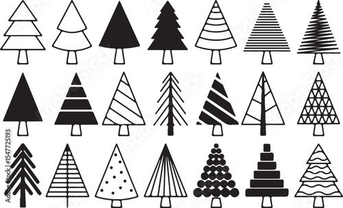 Christmas Tree Doodle, Hand Drawn Evergreen Trees, Winter Holiday, New Year Forest Vector Set