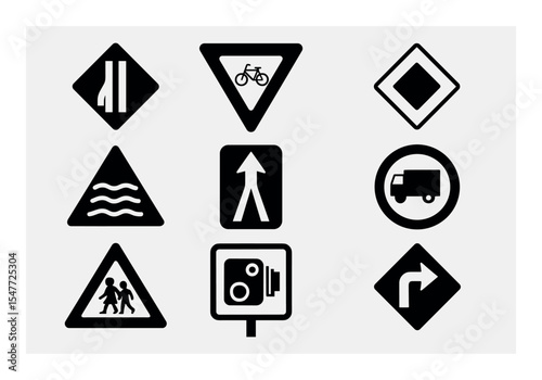 Traffic and road signs silhouette icon set. safety and warning symbols collection