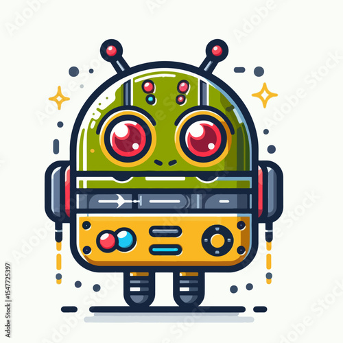Stylized, cartoonish depiction of a small, friendly robot, presented in bold, contrasting colors and a simple line style.  The robot is positioned in profile view.