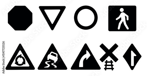 Traffic signs silhouette icon set. road safety, warning symbols silhouette collection