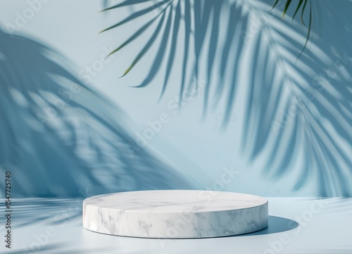 A modern and elegant blue marble podium with soft palm shadows and reflections creates a calm, luxurious, and minimal tropical space perfect for cosmetic product presentations and stylish branding.