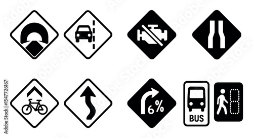 Road signs solid icon set: traffic, driving, navigation, safety symbols collection