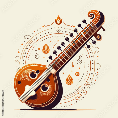 Stylized graphic representation of a South Asian stringed musical instrument, featuring intricate decorative elements and a warm color palette.