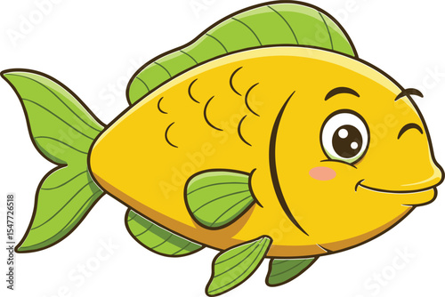 Cute cartoon yellow fish, smiling aquatic character, winking sea animal, funny tropical fish illustration, colorful ocean life, adorable marine creature design