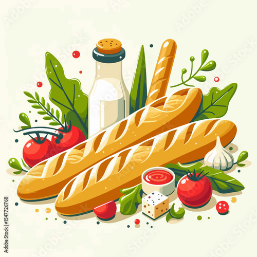 Vibrant graphic design featuring a collection of food items like bread, milk, tomatoes, and cheese arranged in a decorative composition.