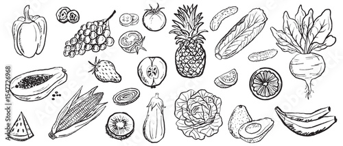Summer set with fruits and vegetables in black brush stroke texture isolated on white. Hand drawn vector sketch illustration in vintage charcoal ink. Pepper, papaya, pineapple, food design