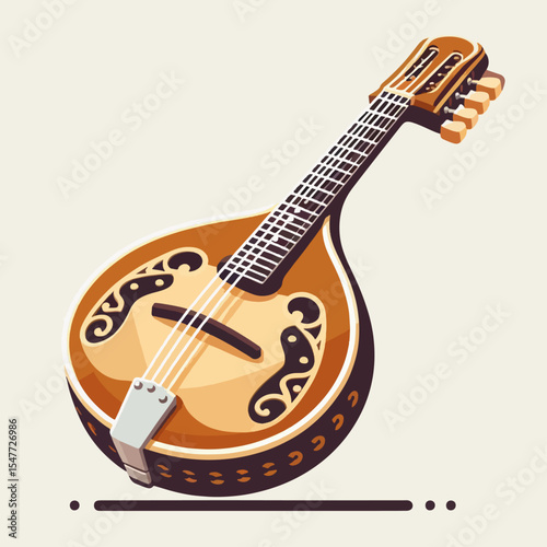 Stylized graphic image displays a mandolin with intricate decorative patterns, set against a light beige background.