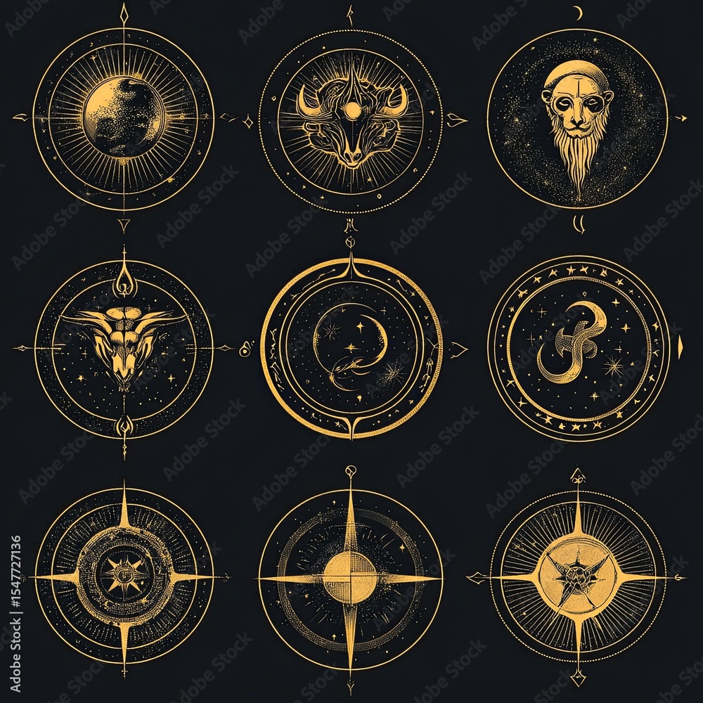 Naklejka premium Set of zodiac signs Aries, Taurus, Leo, Gemini, Virgo, Scorpio, Libra, Aquarius, Sagittarius, Pisces, Capricorn, Cancer. Vector pattern for astrological, esoteric, magic sessions, personality re