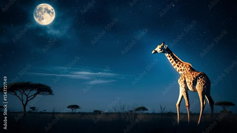 Giraffe standing in the night with a full moon and trees in the distance in the dark sky video