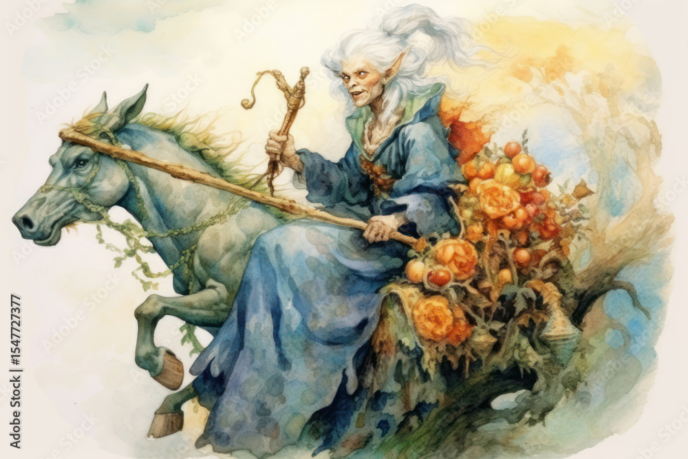 Fototapeta premium A fairytale watercolor illustration of a charismatic old lady with pointed ears riding a mythical horse-guide. 