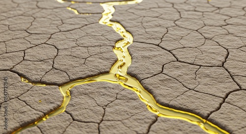Cracked earth with golden liquid filling fissures for abstract desert concept