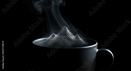 Dark minimal background. coffee cup with mountain shaped steam on a black background. Mountain coffee cup concept art hot drink beverage caffeine morning relaxation