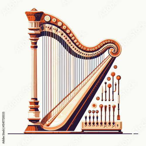Detailed illustration of a large harp, showing its intricate design and the various accessories, set against a simple white backdrop.  The piece exhibits a vintage and decorative aesthetic.
