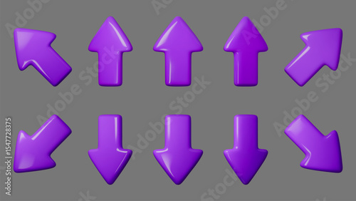 Vibrant purple 3d arrow icons, pointing in various directions, set on a seamless vector background. Perfect for web design, UI elements, or digital interfaces. Eye-catching and modern style.