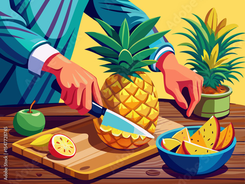 vector of Man's hands crushing pineapple on wooden table... light background
