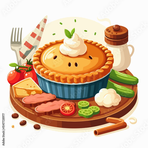 Colorful illustration of a pie and assorted side dishes arranged on a round wooden platter,  with a focus on food presentation and textures.
