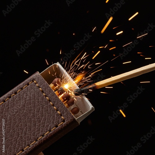 Striking a match close up with sparks flying from a leather matchbox cover. Dark minimal background.