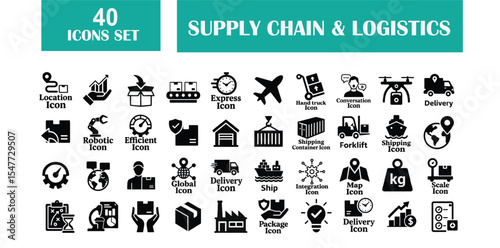 40 Supply Chain & Logistics Icons Set Black Glyph Style for Web and App Design