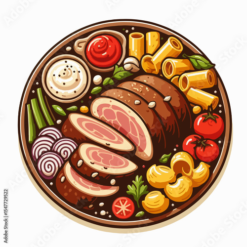 Vibrant graphic design of a platter showcasing sliced roast beef, pasta, and various vegetables, arranged artistically with different sauces.
