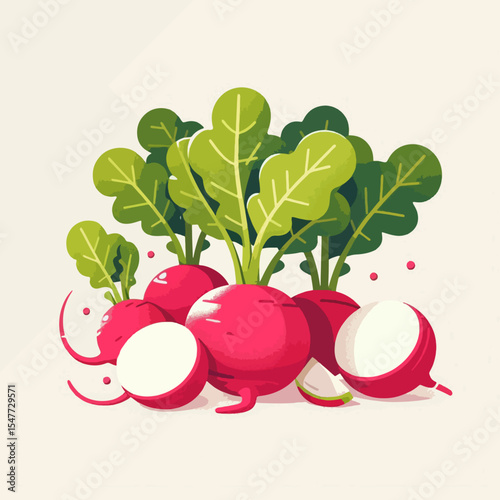 Digital artwork showcases a group of  pink radishes with vibrant green leaves and some sliced portions. The design is a flat style with a pale beige background.